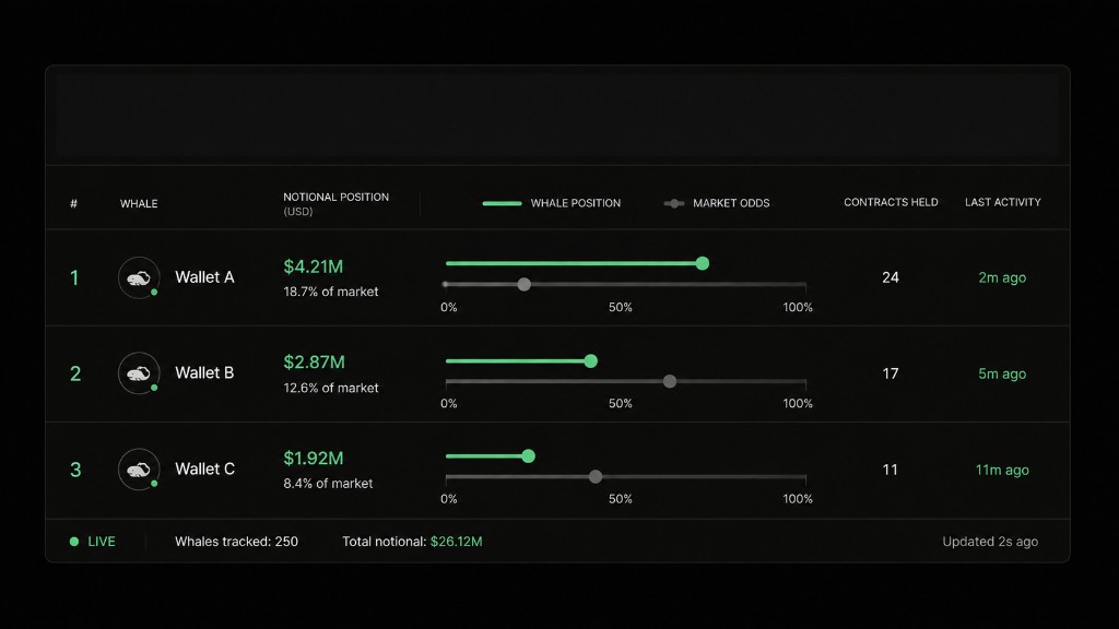 Whale holdings dashboard with notional versus market odds